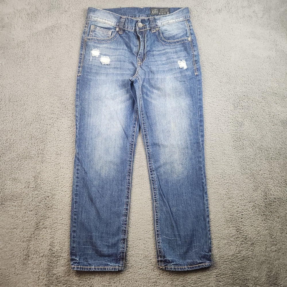 Y2K TK Axel Relaxed Straight Jeans Mens 32x32 Denim Med Wash Embroidered Pocket